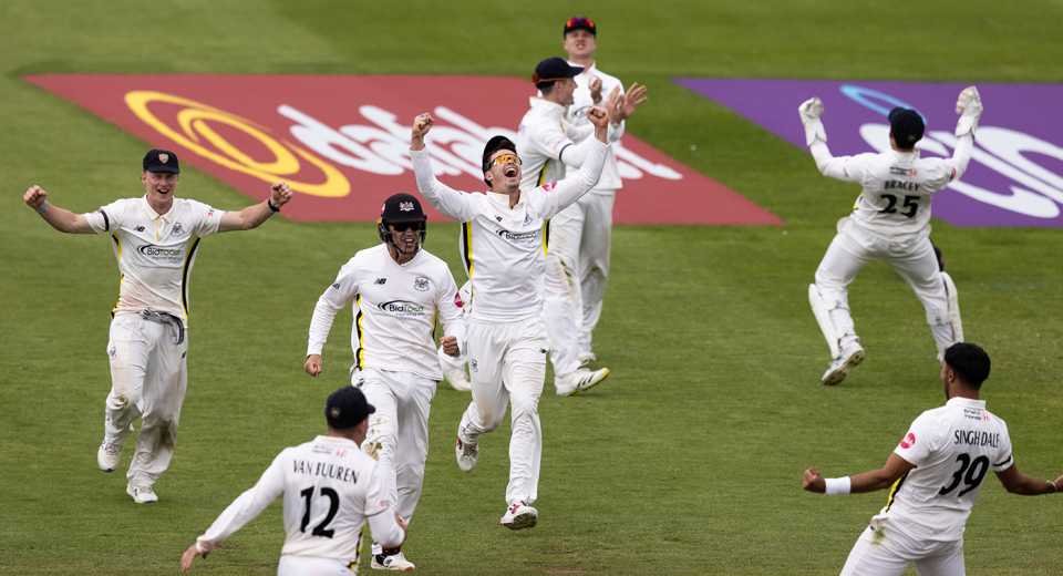 Gloucestershire celebrate after Ajeet Singh Dale took the wicket to confirm victory, Northamptonshire vs Gloucestershire, County Championship, Division Two, Wantage Road, May 13, 2024