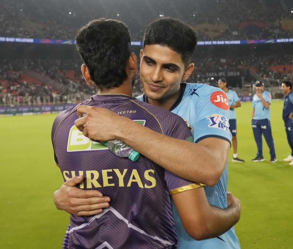 Shreyas Iyer and Shubman Gill greet each other as it seems like the game will be called off, Gujarat Titans vs Kolkata Knight Riders, IPL 2024, Ahmedabad, May 13, 2024