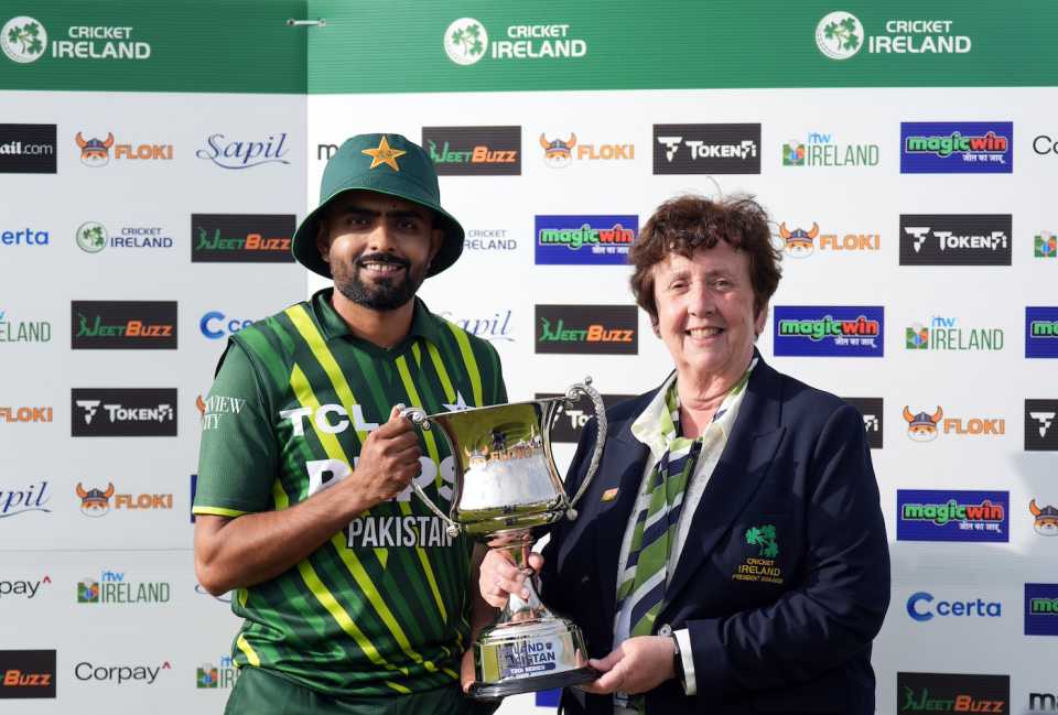 Babar Azam collects the series trophy, Ireland vs Pakistan, 3rd T20I, Dublin, May 14, 2024