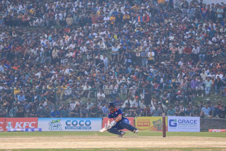 Rohit Paudel attempts to play a scoop, Nepal vs West Indies A, first unofficial T20I, Kirtipur, April 27, 2024