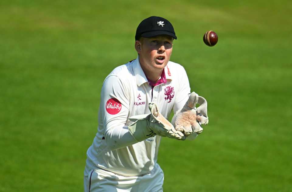 James Rew, Somerset's wicketkeeper, gathers the ball, Somerset vs Kent, County Championship, Taunton, May 19, 2024