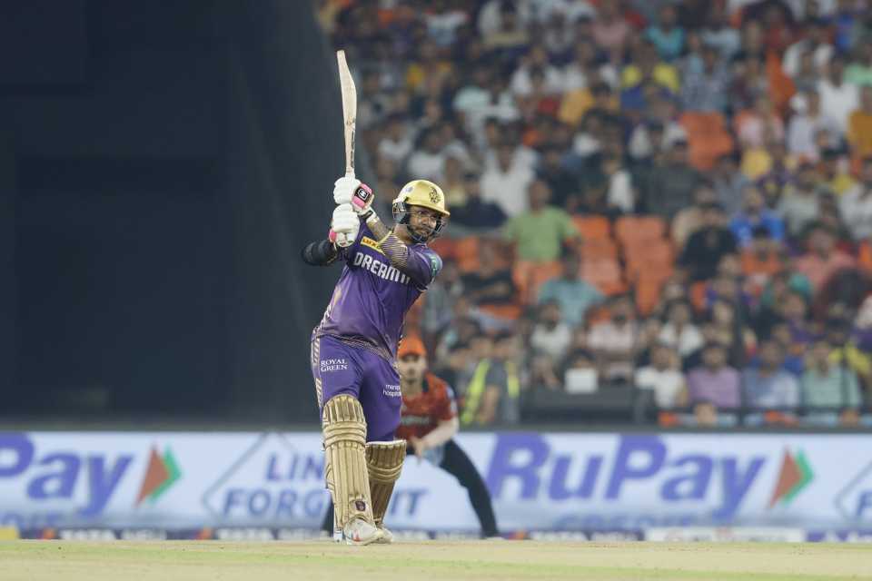 Sunil Narine hit the first ball he faced for a four over mid-off, Kolkata Knight Riders vs Sunrisers Hyderabad, Qualifier 1, IPL 2024, Ahmedabad, May 21, 2024