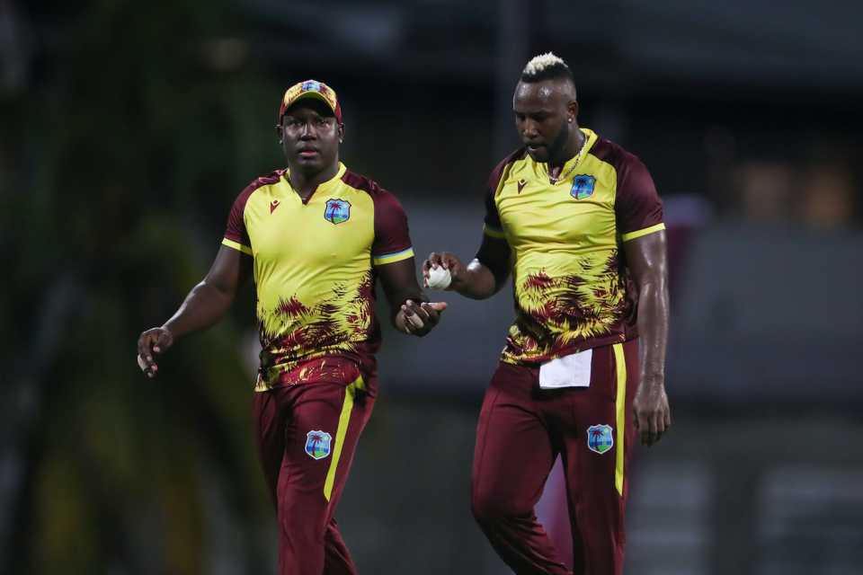 Rovman Powell and Andre Russell have a chat, West Indies vs England, 1st T20I, Bridgetown, December 12, 2023