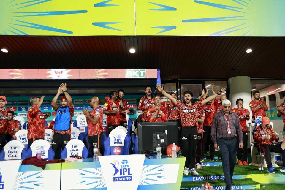 The SRH dugout celebrates after making the final, Sunrisers Hyderabad vs Rajasthan Royals, Qualifier 2, IPL 2024, Chennai, May 24, 2024