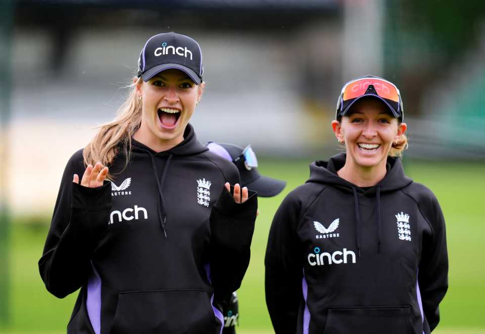 Lauren Bell and Kate Cross, England's ODI spearheads, wave for the cameras, England vs Pakistan, 3rd Women's ODI, Chelmsford, May 28, 2024
