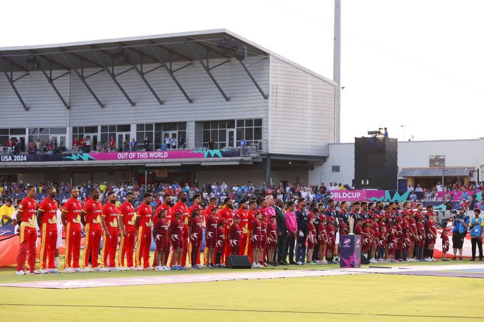 The USA and Canada teams line up for the national anthems, USA vs Canada, T20 World Cup 2024, Group A, Dallas, June 1, 2024