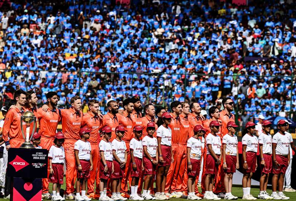 Netherlands players line up for the national anthems, India vs Netherlands, Men's ODI World Cup, Bengaluru, November 12, 2023