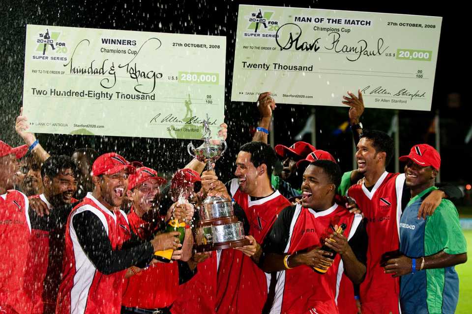 The champagne flies as Trinidad & Tobago begin to party, Trinidad & Tobago v Middlesex, Stanford Super Series, Antigua, October 27, 2008