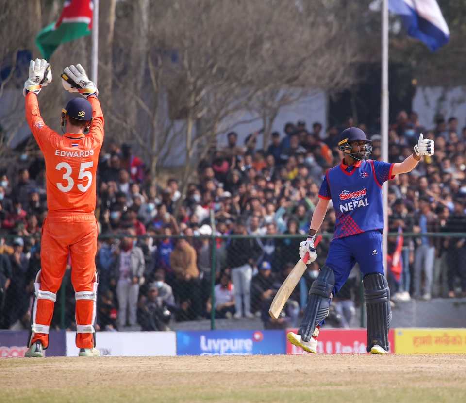 Anil Kumar Sah signals to his partner, Nepal vs Netherlands, Cricket World Cup League 2, Kathmandu, February 17, 2024