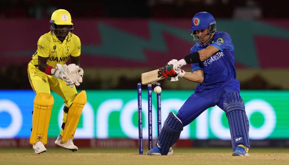 Rahmanullah Gurbaz shapes to cut one away, Afghanistan vs Uganda, T20 World Cup 2024, Providence, June 3, 2024