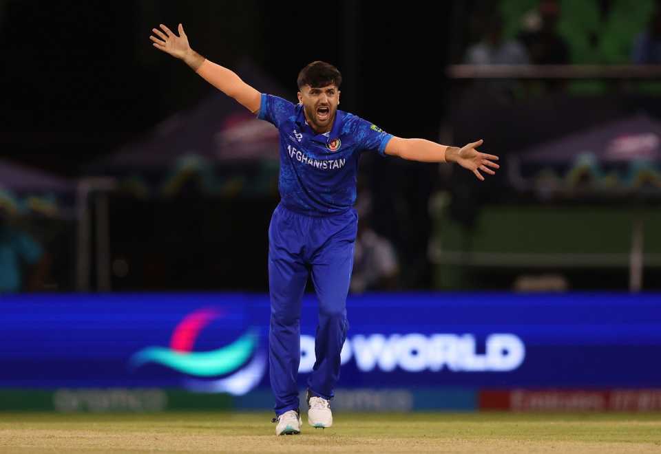 Fazalhaq Farooqi goes up in an appeal, Afghanistan vs Uganda, T20 World Cup 2024, Providence, June 3, 2024