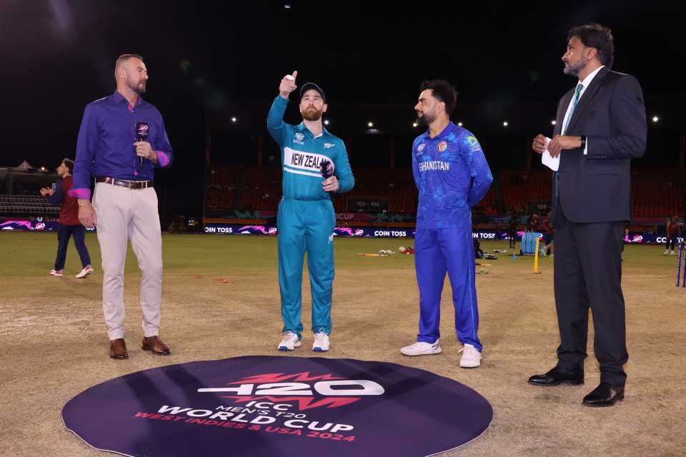 Rashid Khan calls as Kane Williamson flips the coin, New Zealand vs Afghanistan, T20 World Cup 2024, Guyana, June 7, 2024