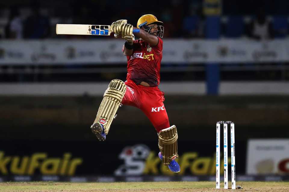 Nicholas Pooran leaps in the air while playing a shot, Barbados Royals vs Trinbago Knight Riders, CPL, Port-of-Spain, September 6, 2023