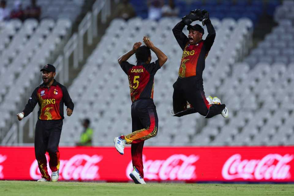 Kiplin Doriga and Semo Kamea celebrate a wicket, PNG vs Afghanistan, T20 World Cup, Group C, Tarouba, June 14, 2024
