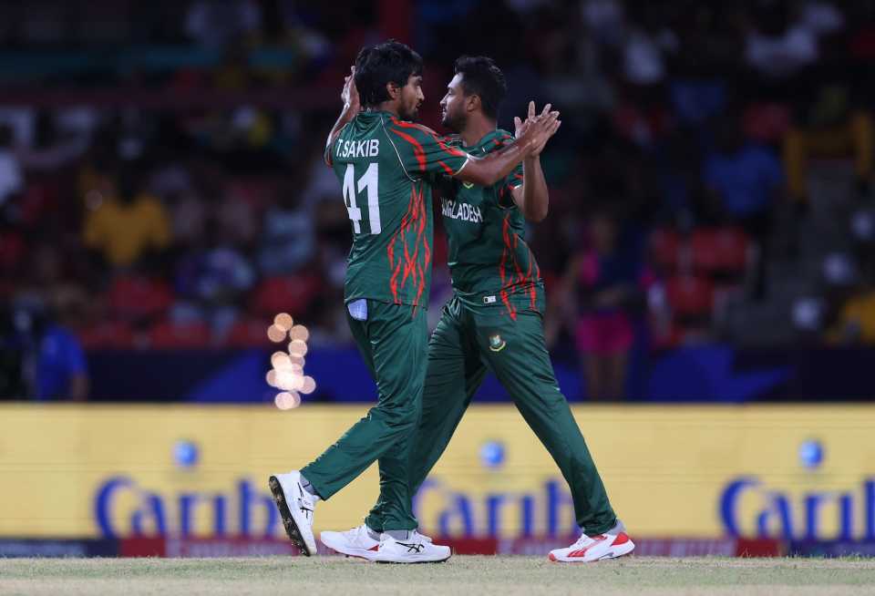 Tanzim Hasan Sakib got together to celebrate with Shakib Al Hasan, Bangladesh vs Nepal, T20 World Cup 2024, Kingstown, June 16, 2024