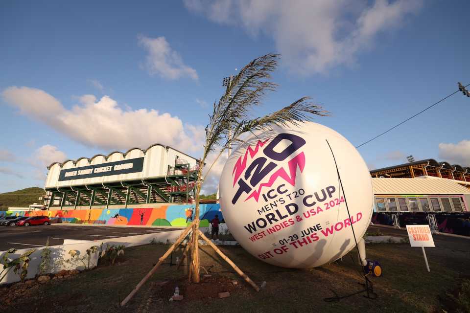 A massive ball with the T20 World Cup 2024 details sits outside the stadium, West Indies vs Afghanistan, T20 World Cup, St Lucia, June 17, 2024