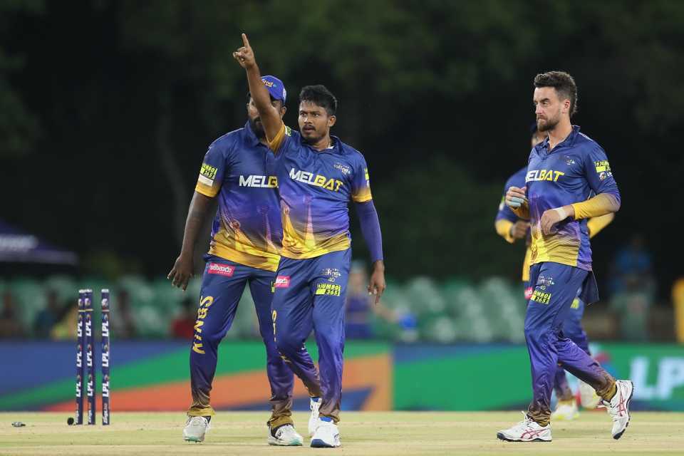 Pramod Madushan picked up the key wicket of Niroshan Dickwella early, Galle Marvels vs Jaffna Kings, LPL 2024, Dambulla, July 6, 2024