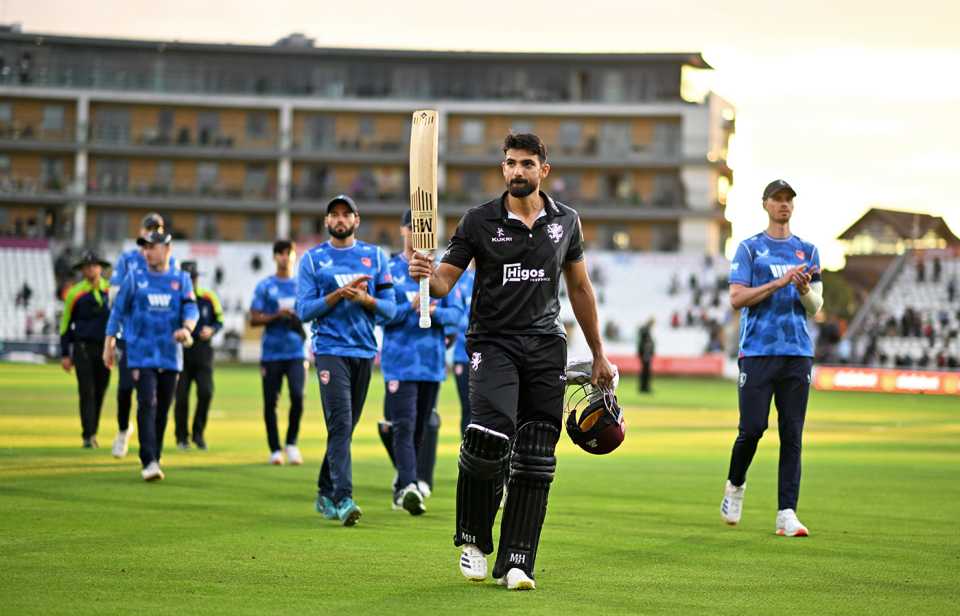 Andrew Umeed leads the players off after his unbeaten 114 secured victory, Somerset vs Kent, One-Day Cup, Taunton, July 26, 2024