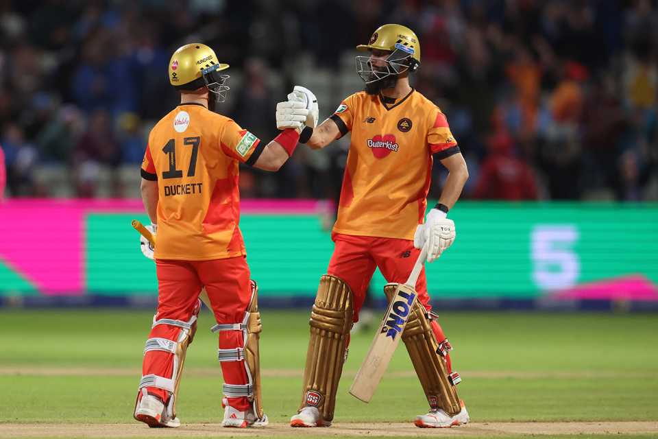 Moeen Ali and Ben Duckett celebrate the Phoenix's progress, Birmingham Phoenix vs Manchester Originals, Men's Hundred, Edgbaston, August 15, 2024