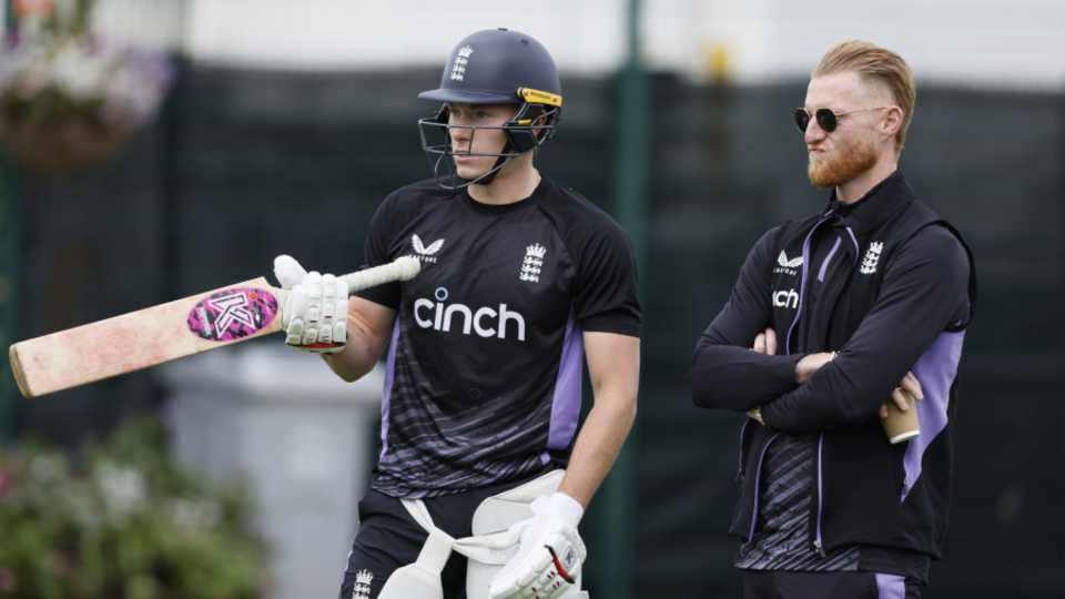 Matthew Potts chats to Ben Stokes ahead of his Test recall at Old Trafford, Manchester, August 20, 2024