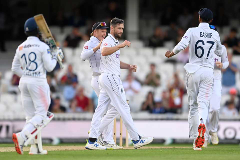 Chris Woakes celebrates after having Dimuth Karunaratne caught and bowled, England vs Sri Lanka, 3rd Men`s Test, The Oval, London, 3rd day, September 8, 2024