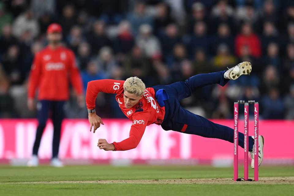 Jacob Bethell dives in his follow through, England vs Australia, 1st T20I, Southampton, September 11, 2024