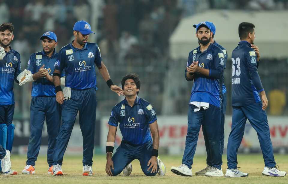 Mohammad Hasnain celebrates his five-for, Dolphins vs Panthers, Champions One-Day Cup, Faisalabad, September 14, 2024