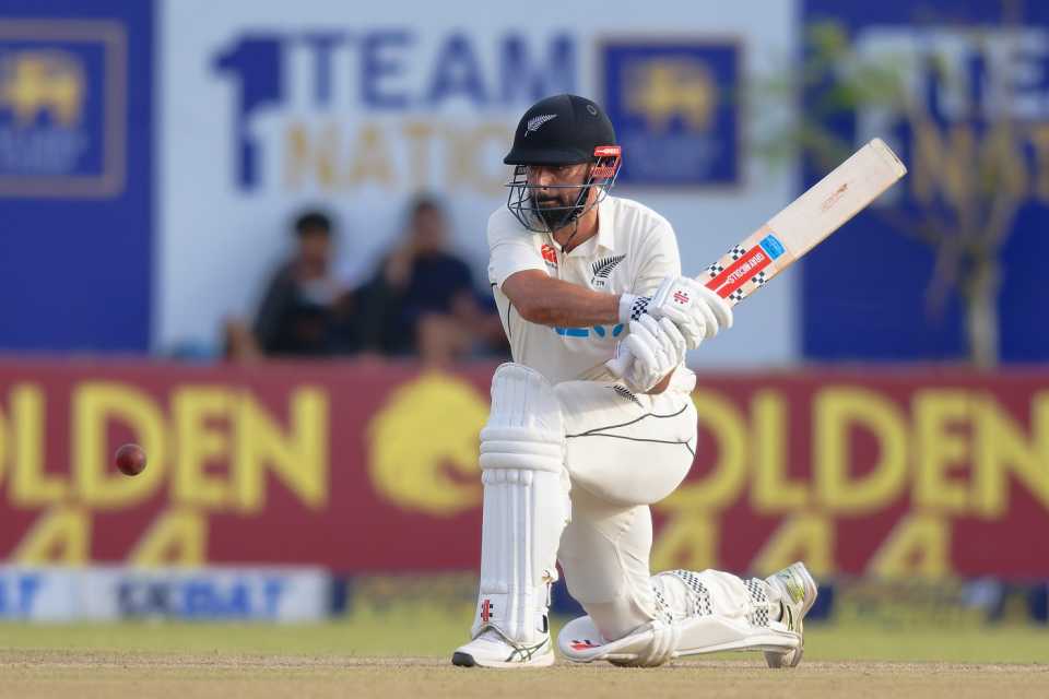 Daryl Mitchell attempts a reverse sweep, Sri Lanka vs New Zealand, 1st Test, Galle, 2nd day, September 19, 2024