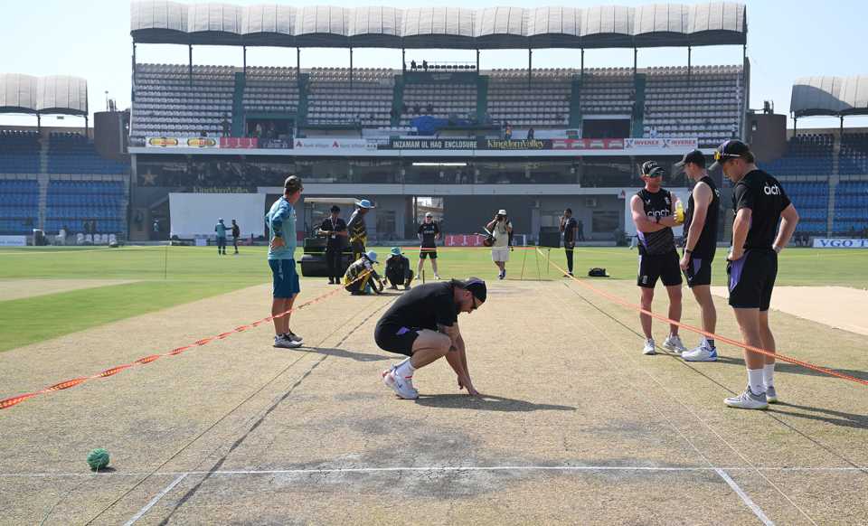 Brendon McCullum inspects the surface a day out from the start, Multan, October 14, 2024