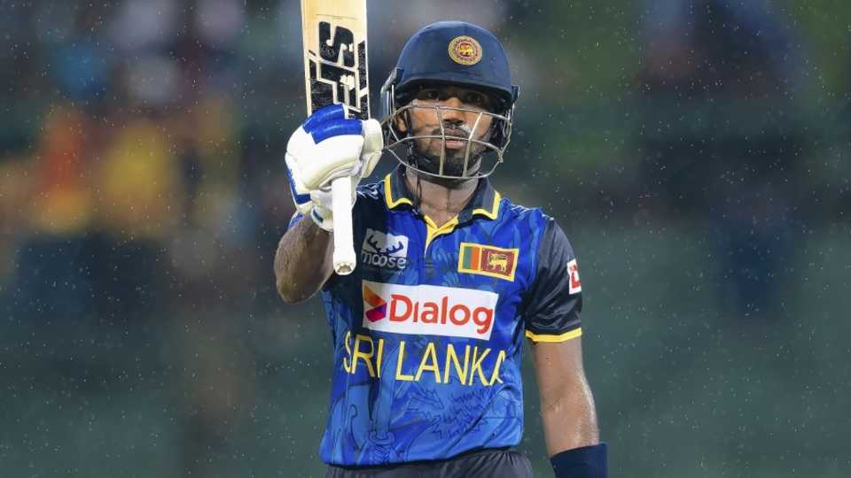 Nishan Madushka celebrates his maiden ODI fifty, which came on debut, Sri Lanka vs West Indies, 1st ODI, Pallekele, October 20, 2024