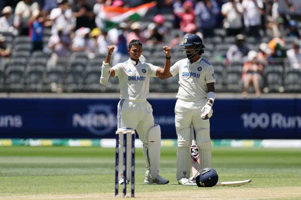 A radiant Yashasvi Jaiswal celebrates his hundred with KL Rahul for company, Australia vs India, 1st Test, Perth, 3rd day, November 24, 2024