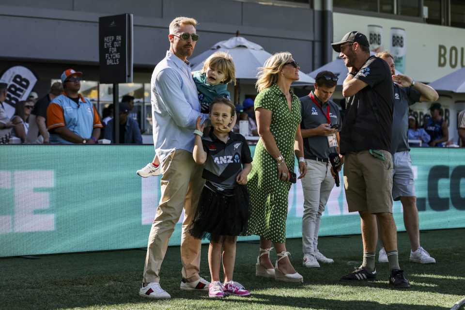 Martin Guptill, with his wife, Laura McGoldrick, and kids at a post-retirement felicitation ceremony at Eden Park, New Zealand vs Sri Lanka, 3rd ODI, Auckland, January 11, 2025