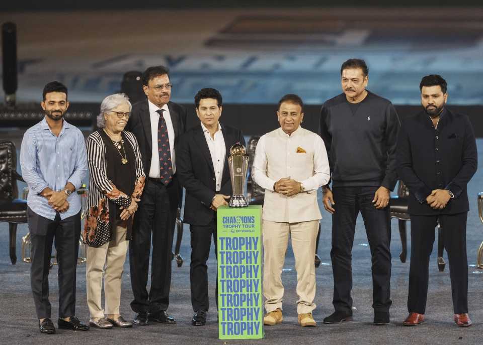 Ajinkya Rahane, Diana Edulji, Dilip Vengsarkar, Sachin Tendulkar, Sunil Gavaskar, Ravi Shastri and Rohit Sharma at the 50th anniversary celebrations of the Wankhede Stadium, Mumbai, January 19, 2025