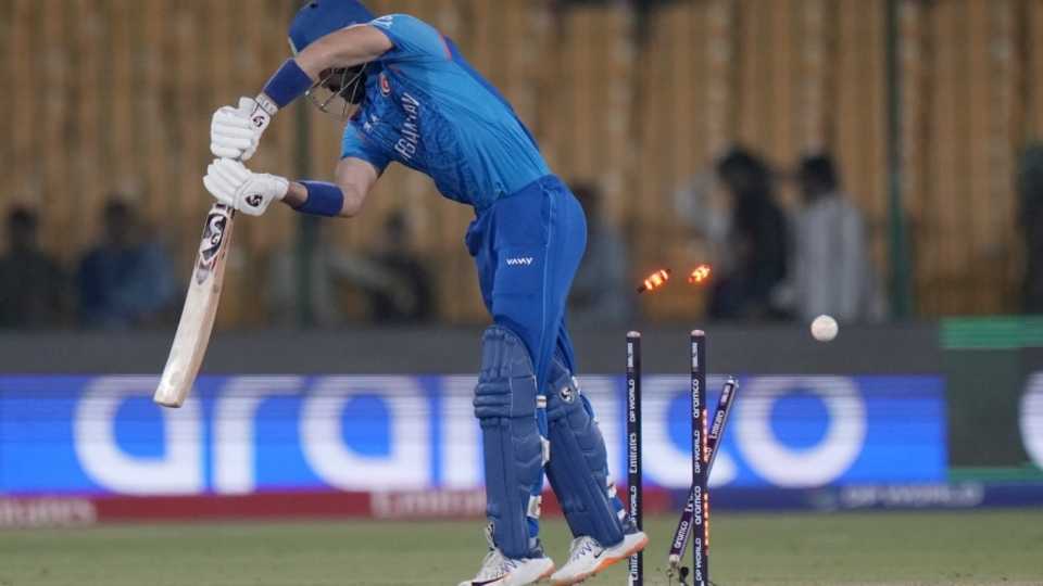 Ibrahim Zadran lost his middle stump to a 148kmh snorter, Afghanistan vs South Africa, Champions Trophy, Karachi, February 21, 2025