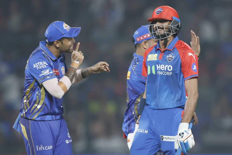 Suryakumar Yadav shares a light moment with Axar Patel after his dismissal, IPL 2025, Delhi, April 13, 2025
