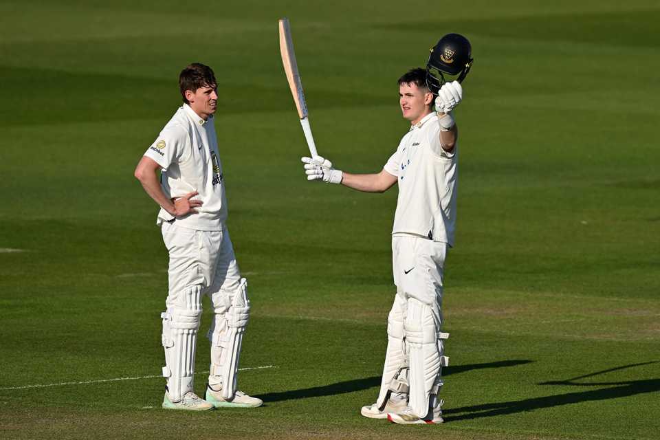 Jack Carson celebrates after reaching his century, Sussex vs Worcestershire, County Championship, Hove, May 9, 2025