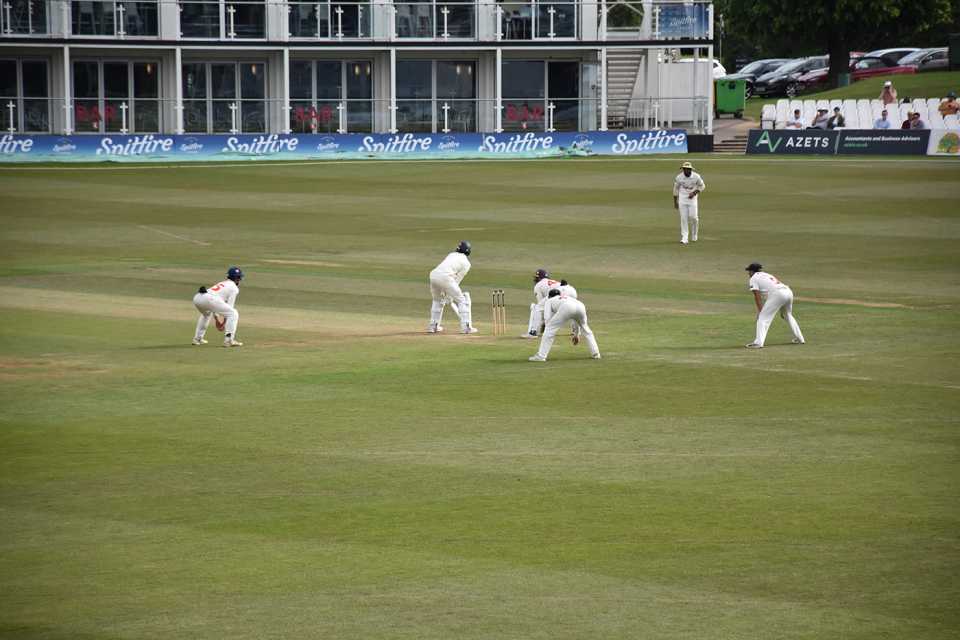 Glamorgan fielders crowd Kashif Ali as they close in on victory, County Championship, Division Two, Kent vs Glamorgan, Canterbury, May 11, 2025