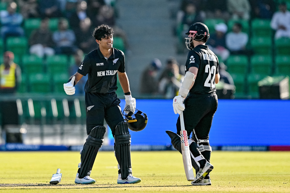 Rachin Ravindra celebrates his century with Kane Williamson, New Zealand vs South Africa, Champions Trophy semi-final, Lahore, March 5, 2025