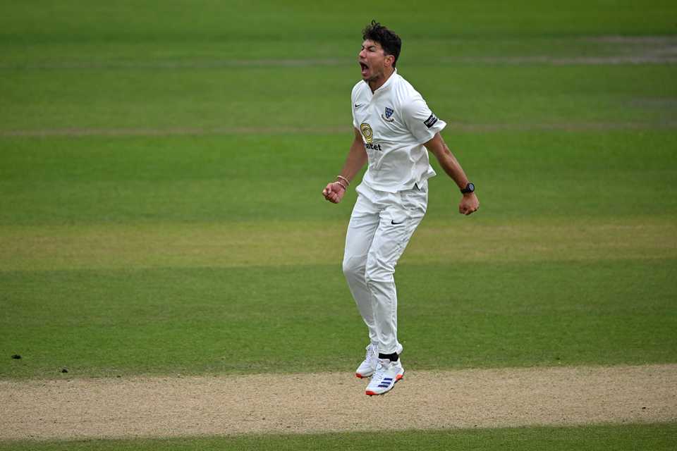 Ari Karvelas was delighted with the wicket of Ethan Brookes, Sussex vs Worcestershire, County Championship, Division Two, Hove, May 12, 2025