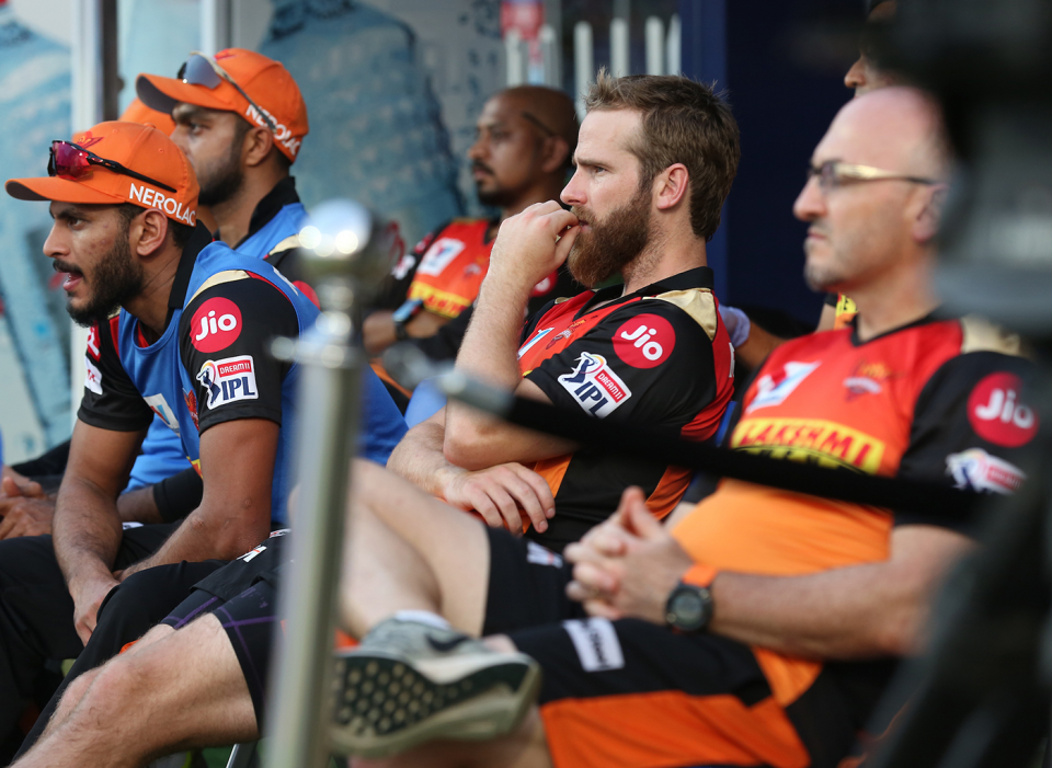 Kane Williamson watches from the dugout, Mumbai Indians vs Sunrisers Hyderabad, IPL 2020, Sharjah, October 4, 2020