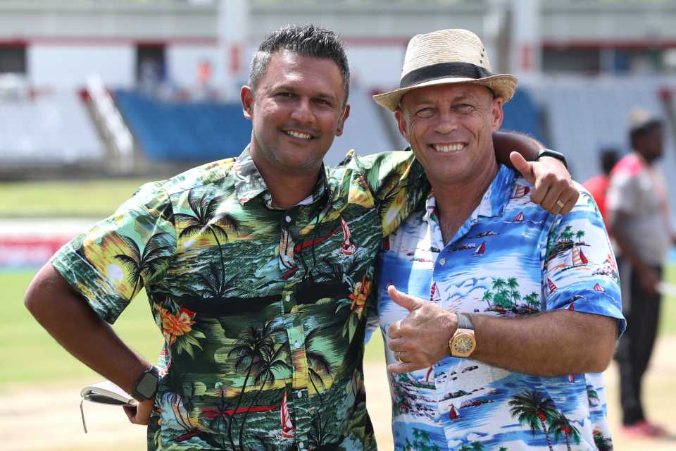 Daren Ganga and Danny Morrison pose for the cameras before a match, Barbados Royals vs Guyana Amazon Warriors, CPL, Tarouba, September 18, 2022
