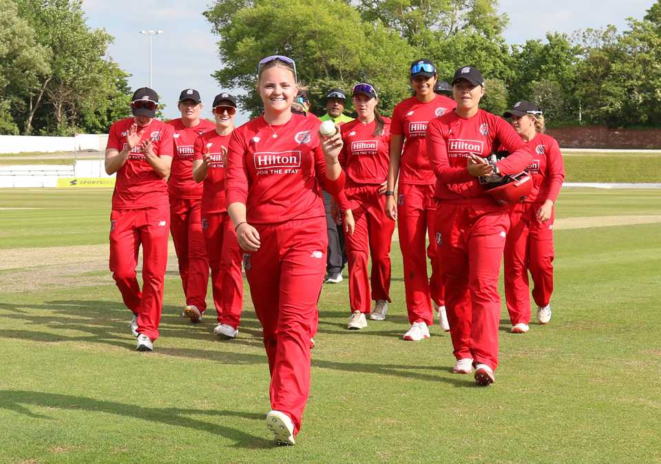Sophie Morris celebrates her five wickets, Metro Bank One Day Cup Women, Lancashire vs Durham, Blackpool, May 19, 2025