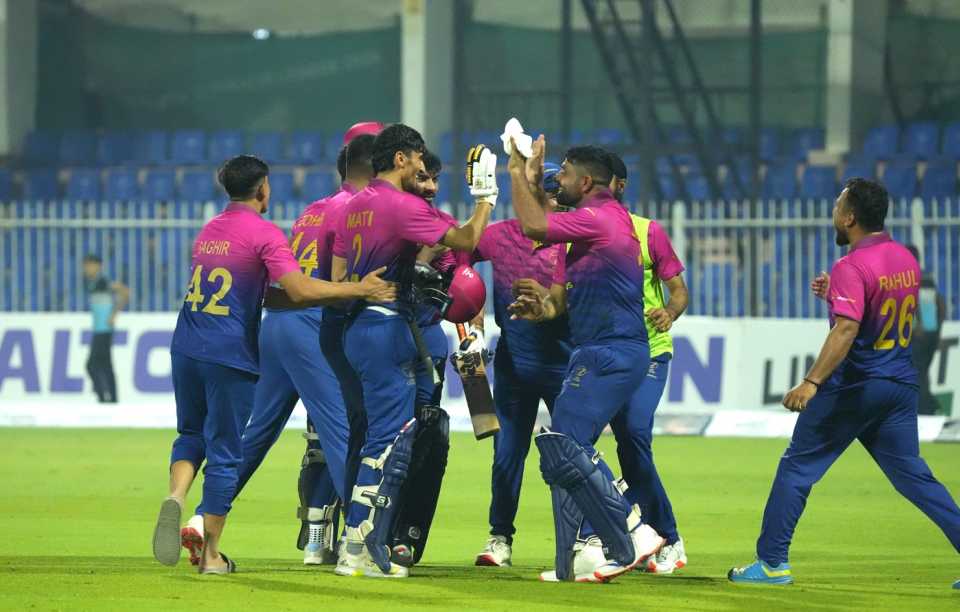 The UAE players celebrate a first ever T20I win over Bangladesh, UAE vs Bangladesh, 2nd T20I, Sharjah, May 19, 2025