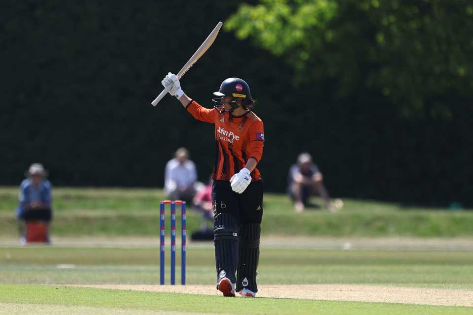 Georgia Elwiss acknowledges her fifty, Surrey vs The Blaze, Women's One-Day Cup, Beckenham, May 14, 2025