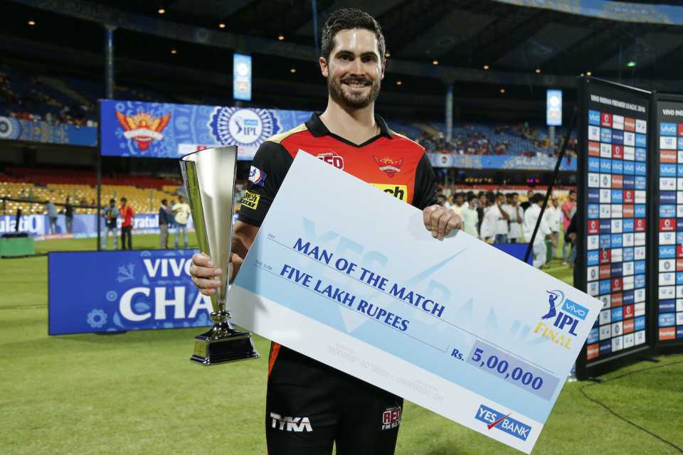 Ben Cutting was player of the final for his unbeaten 39 off 15 balls, Royal Challengers Bangalore v Sunrisers Hyderabad, IPL 2016, final, Bangalore, May 29, 2016
