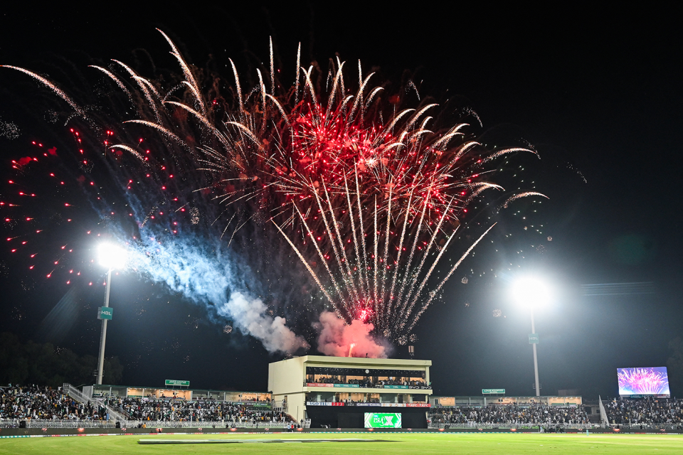 A fireworks display lights up the stadium in Rawalpindi, Karachi Kings vs Peshawar Zalmi, Rawalpindi, PSL, May 17, 2025