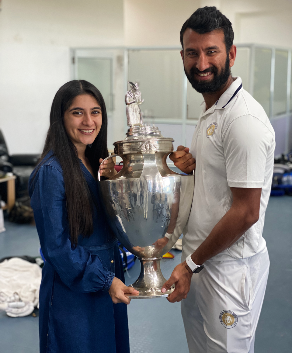 Cheteshwar Pujara and his wife, Puja, pose with the Ranji Trophy after Saurashtra won their first title, Saurashtra v Bengal, Ranji Trophy final, 5th day, Rajkot, March 13, 2020
