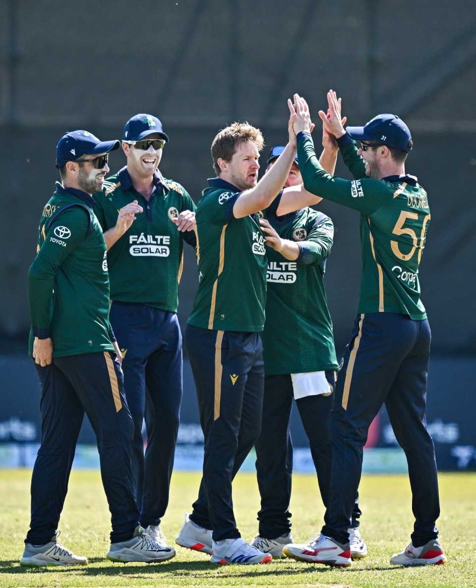 Barry McCarthy celebrates with his team-mates after dismissing Amir Jangoo, Ireland vs West Indies, 1st ODI, Dublin, May 21, 2025