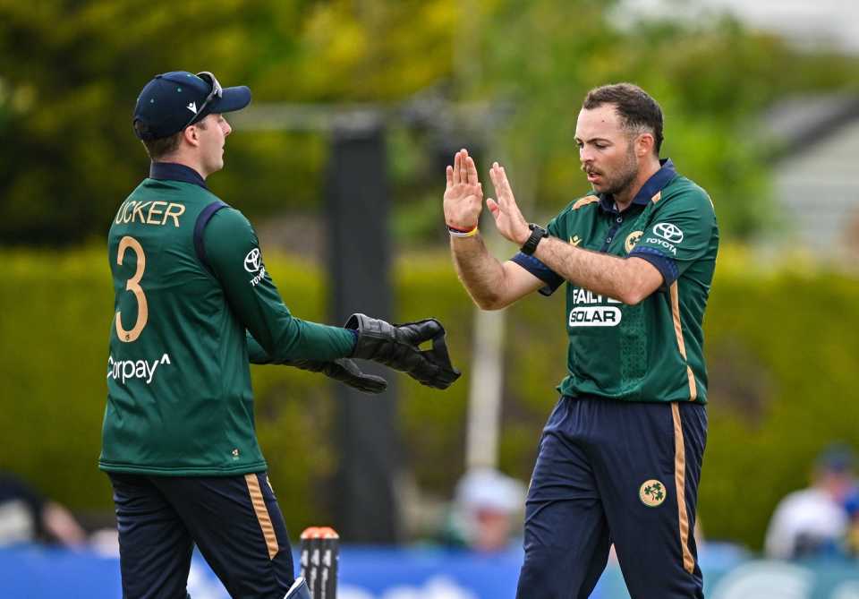 Lorcan Tucker and Liam McCarthy celebrate Keacy Carty's wicket, Ireland vs West Indies, 2nd ODI, Dublin, May 23, 2025