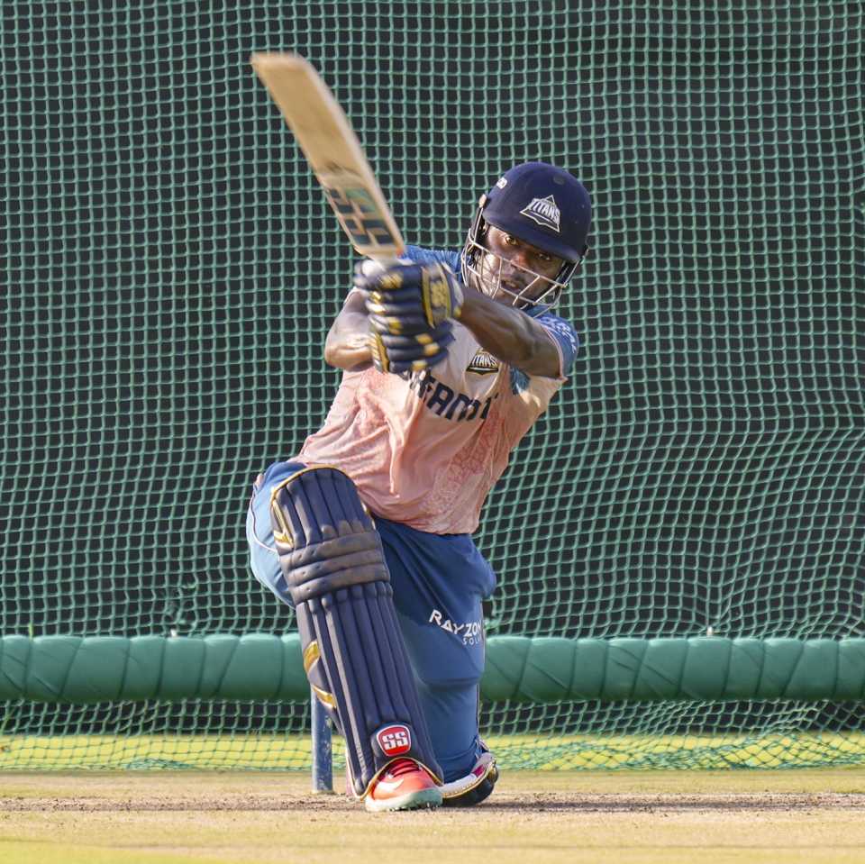 Sherfane Rutherford in action at the nets, Gujarat Titans vs Chennai Super Kings, IPL 2025, Ahmedabad, May 24, 2025